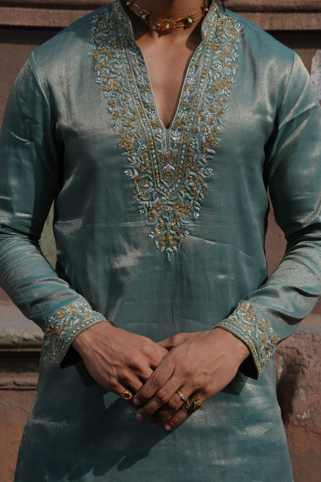 Meghvar — Sea Green Hand Zari & Bead Embroidered Viscose Tissue Kurta