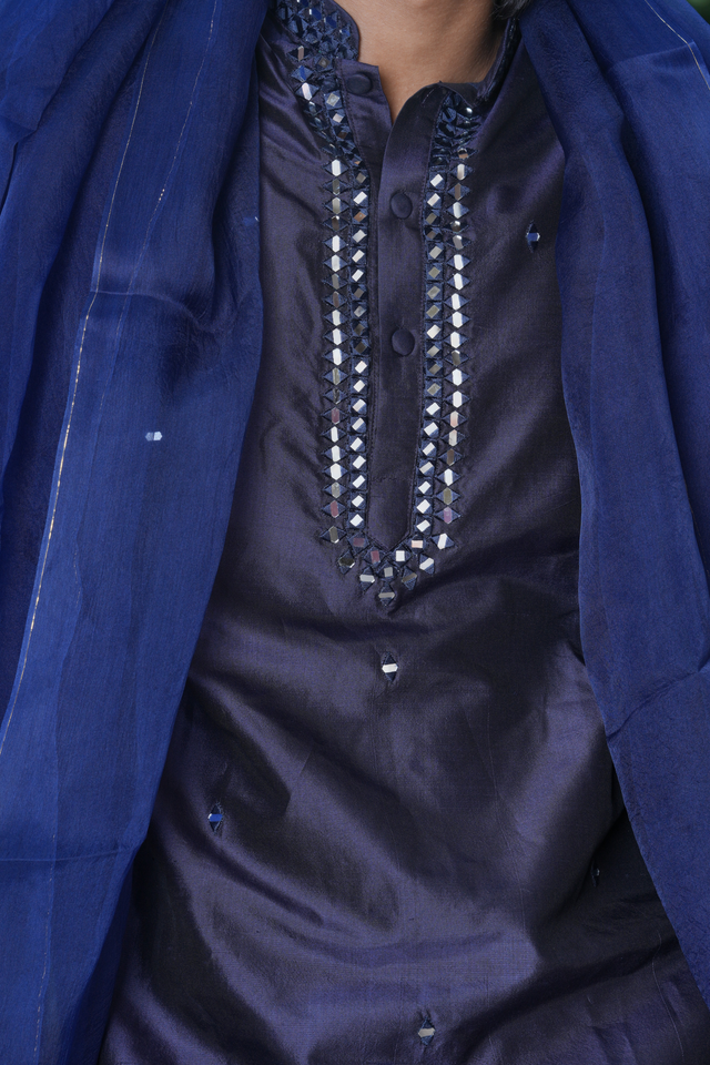 Vyoman — Navy Blue Tonal Mirror Embroidered Dupion Silk Kurta