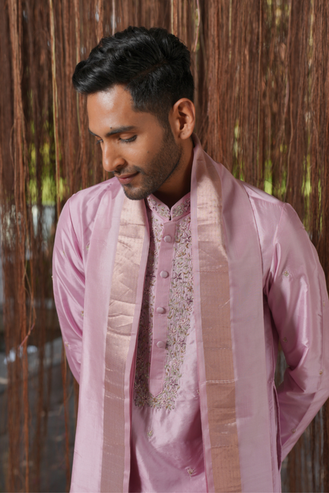 Iris Kanjivaram — Lavender Thread Embroidered Kanjivaram Pattu Silk Kurta Set