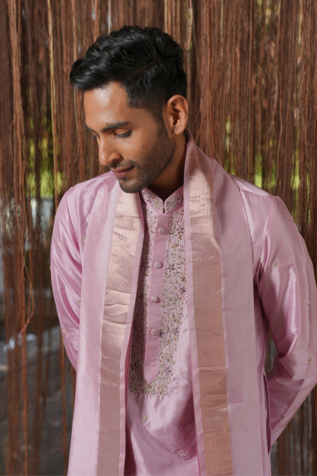 Iris Kanjivaram — Lavender Thread Embroidered Kanjivaram Pattu Silk Kurta Set