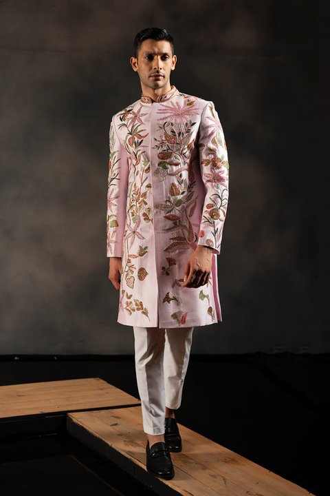 Pink Haven — Pink Hand Embroidered Dupion Silk Sherwani