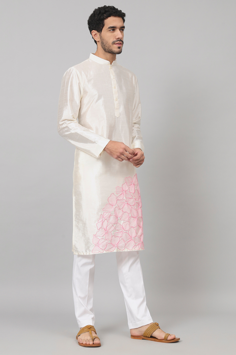 Ivoire — Off White Embroidered Semi Raw Silk Kurta