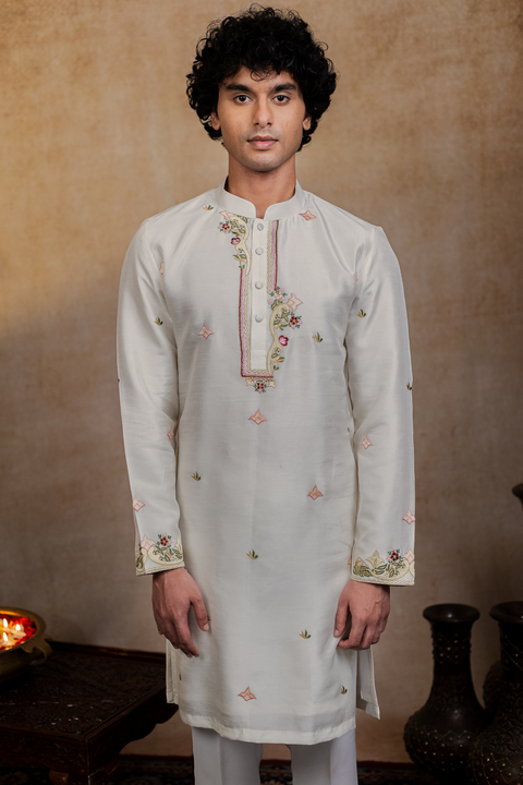 Geometric Symphony — Geometric Embroidered Falling Raw Silk Kurta