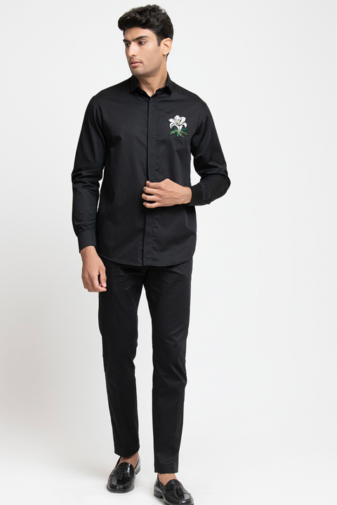 Leafy Petal — Black Hand Embroidered Giza Cotton Shirt