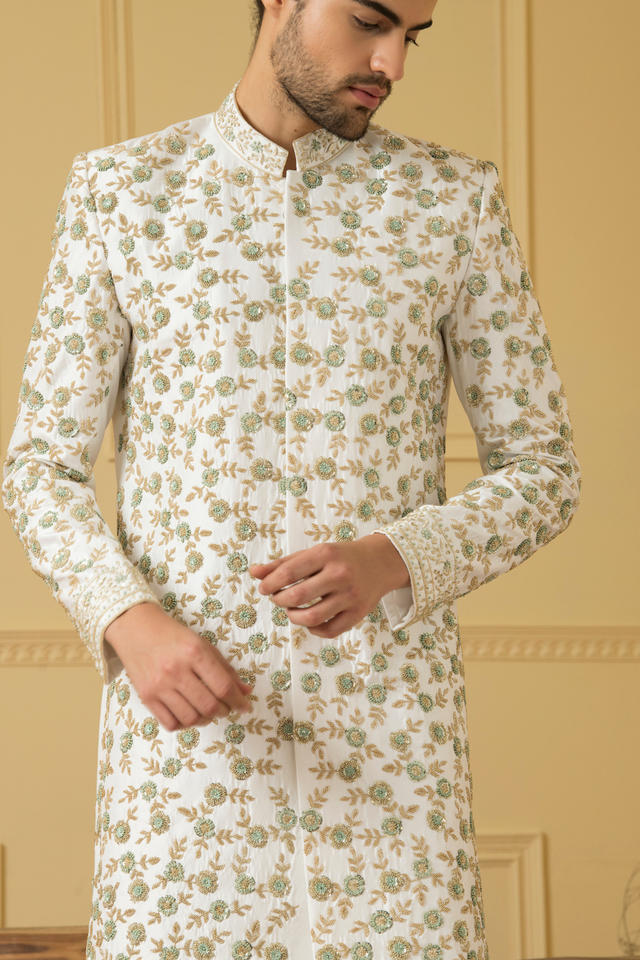 Verde — Off White Hand Embroidered Dupion Silk Sherwani