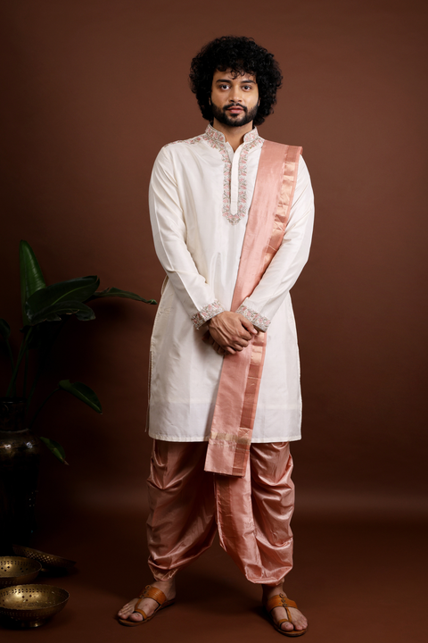 Regio — Beige Peach & Copper Hand Embroidered Kanjivaram Pattu Kurta Set
