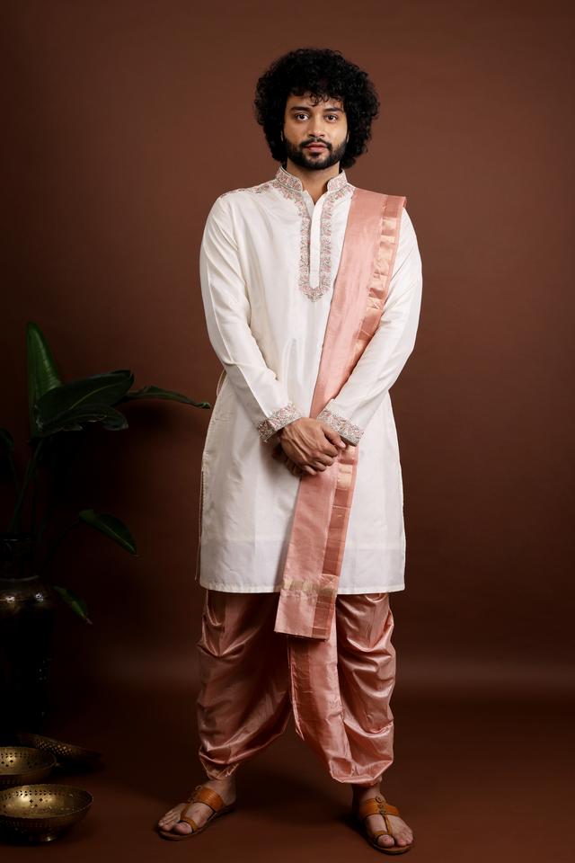Regio — Beige Peach & Copper Hand Embroidered Kanjivaram Pattu Kurta Set