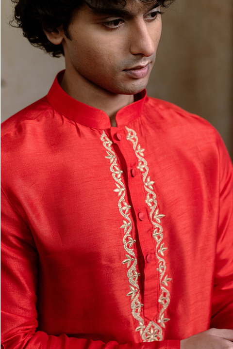 Padma Gopala — Red Krishna Mural Falling Raw Silk Kurta