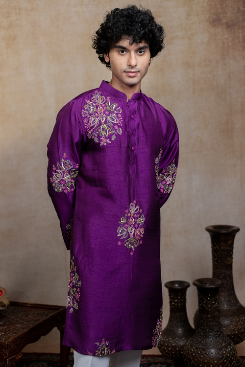 Mayura Cham — Purple Peacock Embroidered Falling Raw Silk Kurta