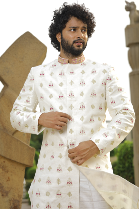 Irenic White — White Hand Embroidered Raw Silk Sherwani