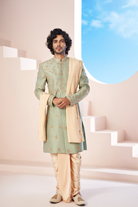 Aurelin — Olive Green Hand Embroidered Dupion Silk Sherwani