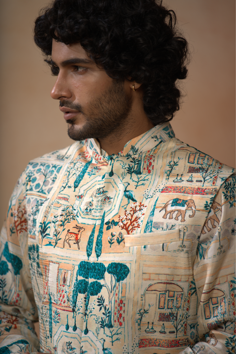 Vanya — Ivory Nature Printed Russian Silk Nehru Jacket Set