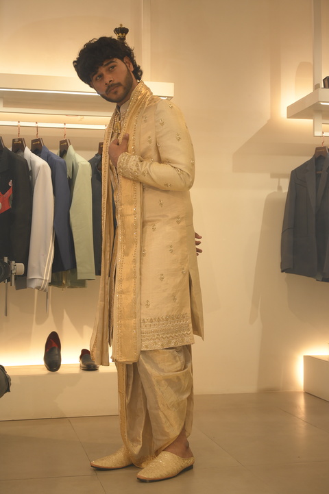Swarnika — Gold Hand Embroidered Double Tissue Pattu Sherwani Set