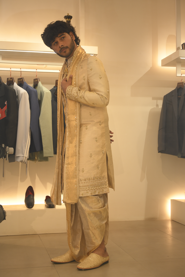 Swarnika — Gold Hand Embroidered Double Tissue Pattu Sherwani Set