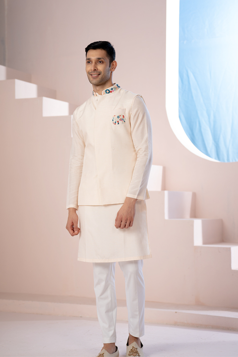 Peach Elephant — Peach Thread Embroidered Semi Raw Silk Nehru Jacket