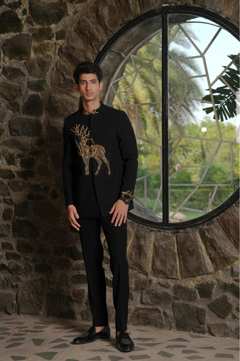 Winter Crest — Black Gold Zardozi British Suede Suiting Bandhgala