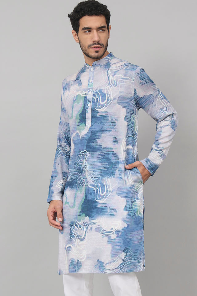 Marbre — Blue Marble Print Silk Kurta