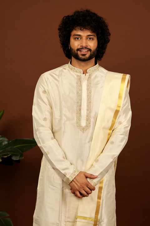 Lujo — Off-White Thread Embroidered Pattu Kurta Set
