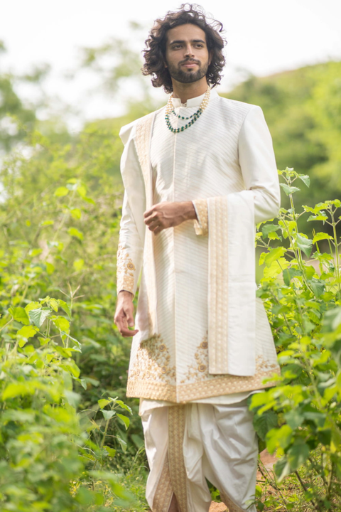 Cream Gold — Cream Hand Embroidered Dupion Silk Sherwani