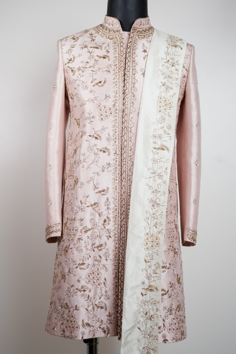 Blush Regal Aura — Beige Hand Embroidered Dupion Silk Sherwani