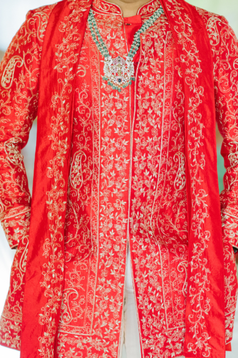 Royal Vermilion — Vermilion Hand Embroidered Dupion Silk Sherwani