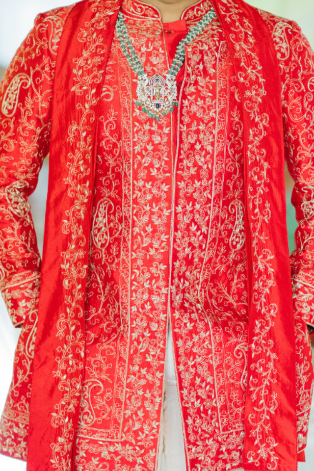 Royal Vermilion — Vermilion Hand Embroidered Dupion Silk Sherwani