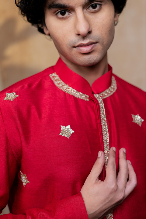 Kumkuma — Crimson Red Zari Embroidered Falling Raw Silk Kurta