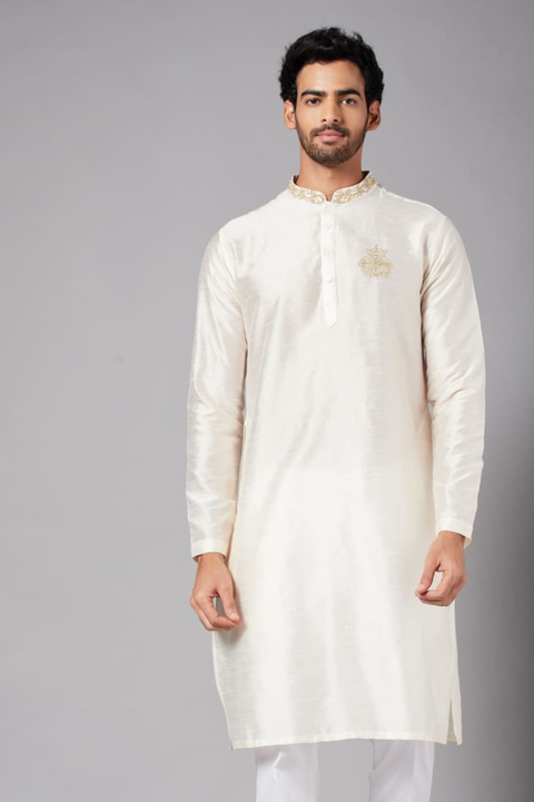 Ecru — White Embroidered Falling Raw Silk Kurta