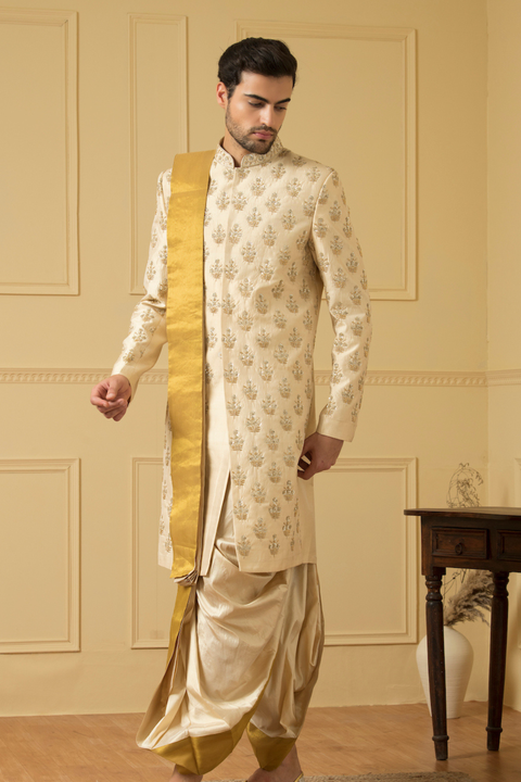 Esplendor — Off White Gold Hand Embroidered Dupion Silk Sherwani