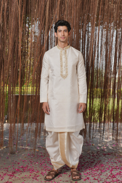 Dhvani Kanjivaram — White Hand Embroidered Kanjivaram Pattu Silk Kurta Set