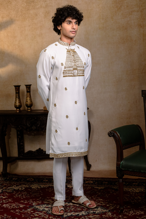 Devalaya — Ivory Hand Embroidered Cotton Blend Kurta