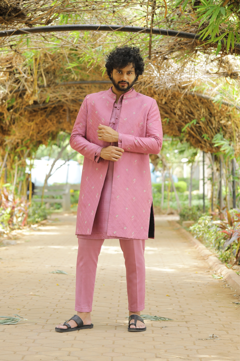 Frein — Dusty Pink Hand Embroidered Dupion Silk Indo-Western Set