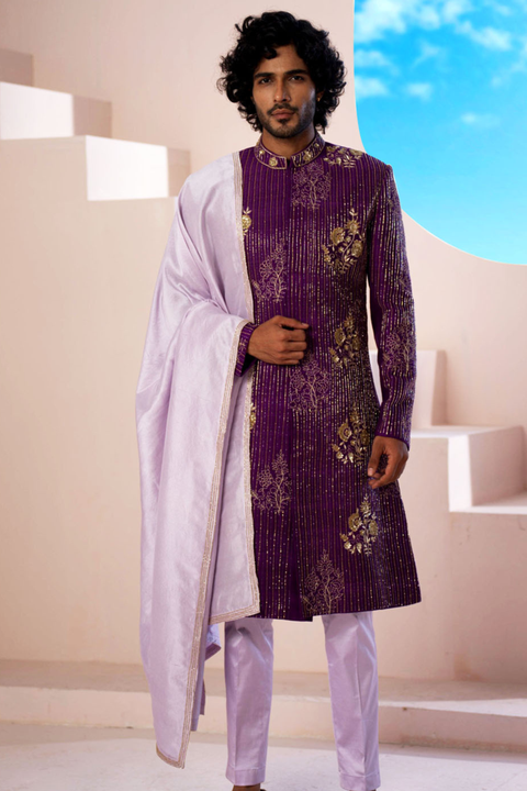 Majestique — Purple Hand Embroidered Raw Silk Sherwani