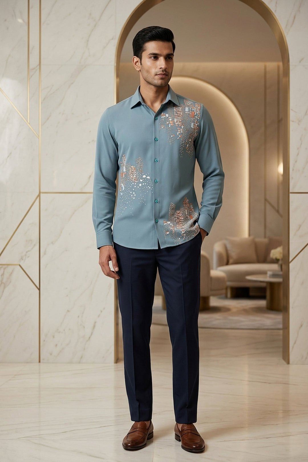 Celio — Sea Green Thread Embroidered British Fabric Shirt