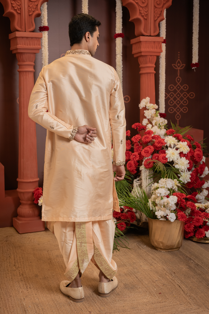 Vihaan — Pastel Peach Hand Embroidered Placket &amp; Figured Zari Brocade Border Semi Pattu Kurta + Dhoti &amp; Kanduva Set