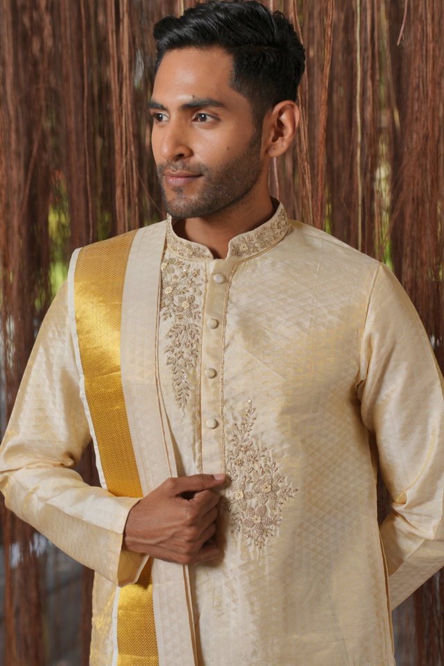 Ananta Kanjivaram — Cream Hand Embroidered Kanjivaram Pattu Silk Kurta Set