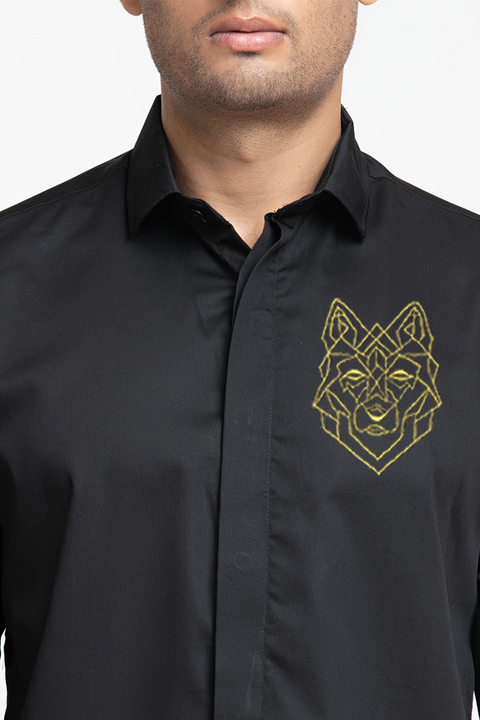 Perto Wolf — Black Wolf Embroidered Cotton Satin Shirt