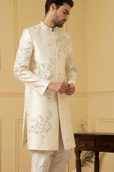 Crema — Cream Hand Embroidered Dupion Silk Sherwani