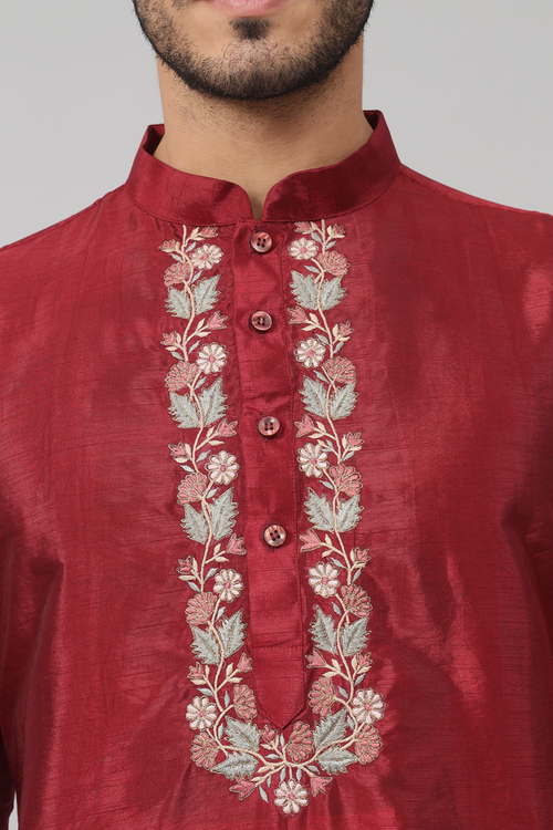 Claret — Maroon Embroidered Semi Raw Silk Kurta