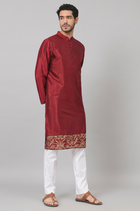Rubyino — Maroon Embroidered Semi Raw Silk Kurta