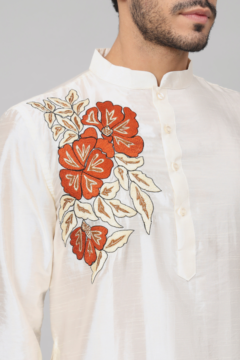 Beju — Off White Embroidered Semi Raw Silk Kurta