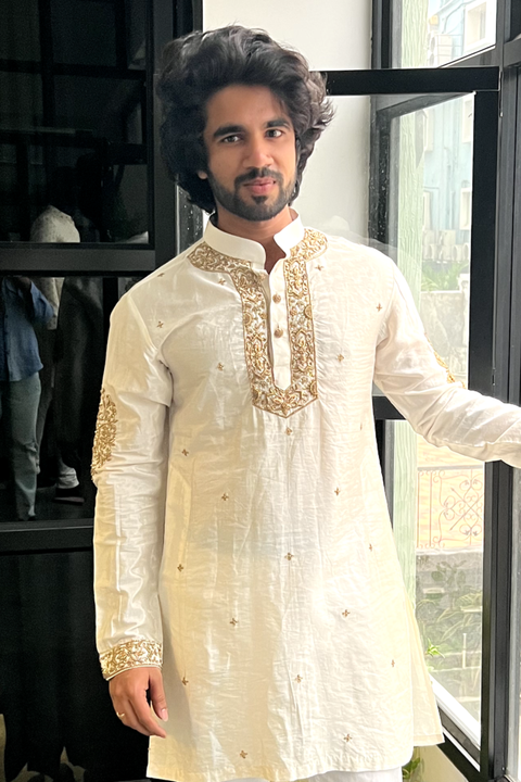 Swachh Pattu — Cream Thread Embroidered Pattu Kurta Set