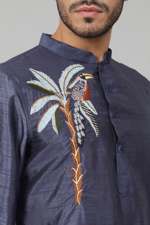 Sapp — Blue Embroidered Semi Raw Silk Kurta