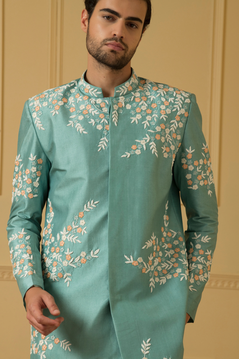 Marino — Sage Green Hand Embroidered Dupion Silk Sherwani