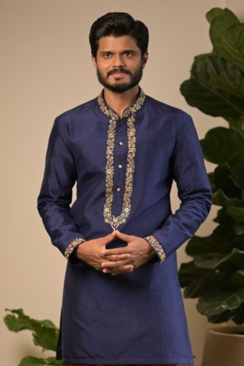 Royal Navratna — Navy Blue Zari Embroidered Dupion Silk Kurta & Dhoti Set