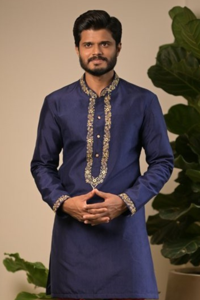 Royal Navratna — Navy Blue Zari Embroidered Dupion Silk Kurta & Dhoti Set