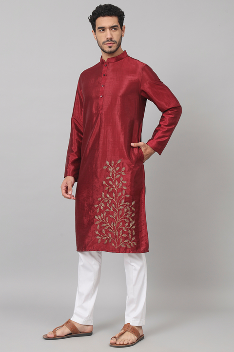 Marrom — Maroon Embroidered Semi Raw Silk Kurta