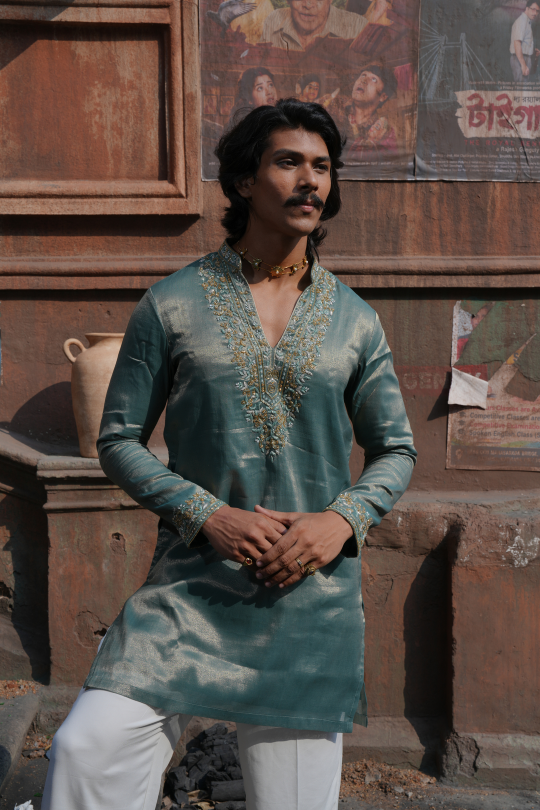 Meghvar — Sea Green Hand Zari &amp; Bead Embroidered Viscose Tissue Kurta