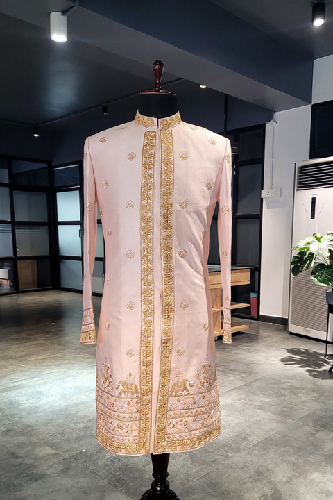 Serenity — Peach Hand Embroidered Raw Silk Sherwani