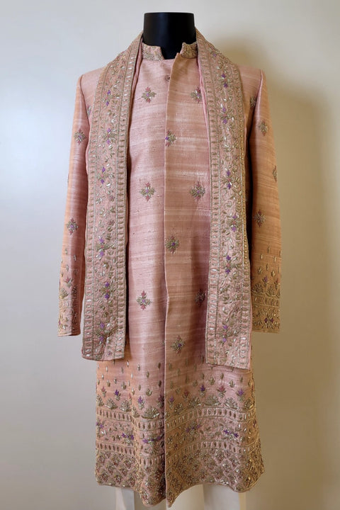Peach Elegance — Peach Hand Embroidered Dupion Silk Sherwani
